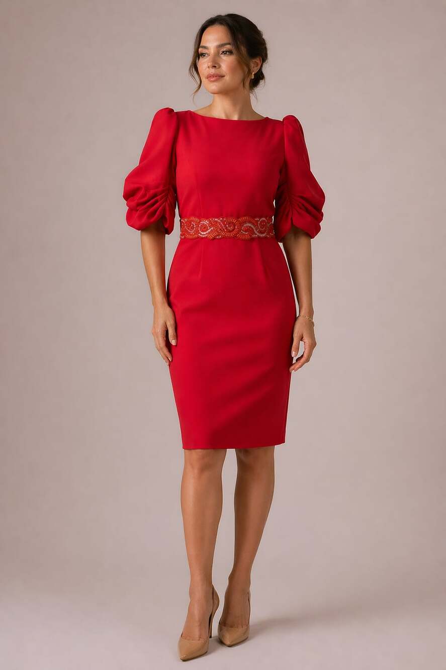Andrew Gn Red Embellished Puff Sleeve Midi Dress with Beaded Belt Detail Size 42